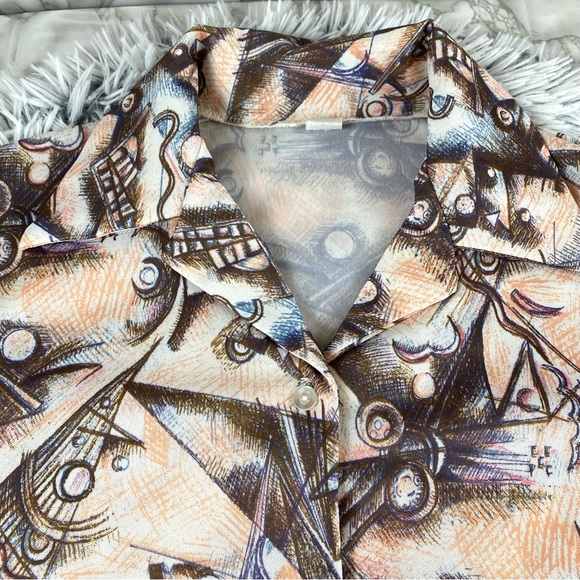 Vintage 70s Retro Abstract Print Polyester Button Down EUC - Picture 4 of 10